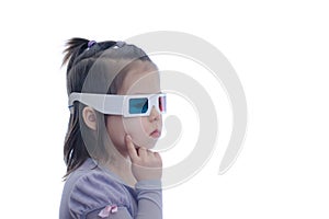 Thinking idea little baby girl in 3D anaglyph cinema glasses for stereo image system with polarization. 3D goggles