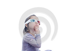 Thinking idea little baby girl in 3D anaglyph cinema glasses for stereo image system with polarization. 3D goggles wit