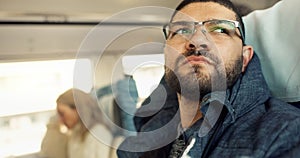 Thinking, idea and young businessman on a train for public transportation to work in the city. Reflection, planning and