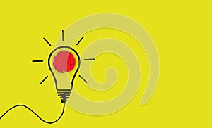 Thinking ideas and innovation concept. Paper scrap ball red color with light bulb symbol on yellow background. Creative