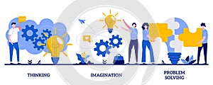 Thinking, imagination, problem solving concept with tiny people. Brain activity abstract vector illustration set. Brainstorming,