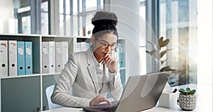 Thinking, laptop and typing business woman, bank consultant or working on research report, project or solution. Computer