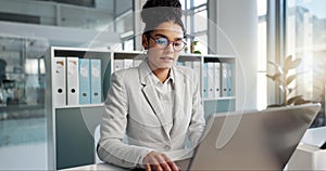 Thinking, laptop and typing business woman, bank consultant or working on research report, project or solution. Computer