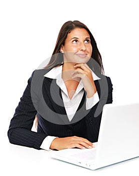 Thinking laptop woman