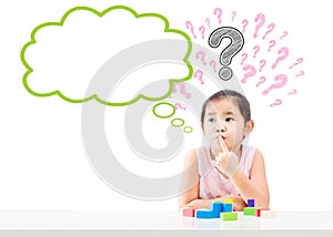 Thinking little girl with bubble and question mark over head