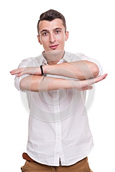 Thinking man isolated on white background. Closeup portrait of a casual young pensive businessman