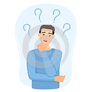 Thinking man with question marks, vector illustration