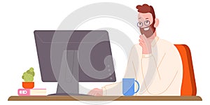 Thinking man sit at computer. Work problem solution