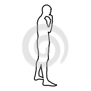 Thinking man standing silhouette Pensive person side view icon black color illustration outline