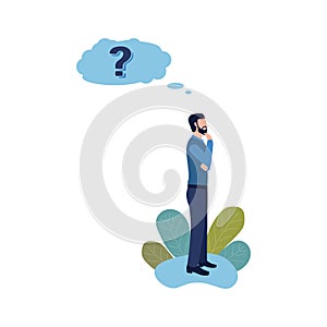 Thinking man standing under question mark. Worker or businessman doubts, makes a decision, chooses. Vector illustration of