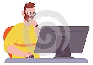 Thinking man working at computer desk. Work problem solving