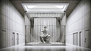 Thinking marbled person, monument sitting in white room with bars, prison.