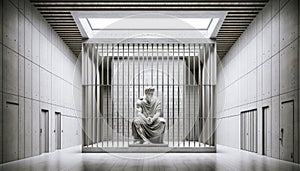 Thinking marbled person, monument sitting in white room with bars, prison. photo