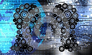 Thinking Mechanism. Industrial Cogs Gears Banner Background. world network map background.