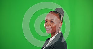 Thinking, mockup and business with black woman in green screen for idea, happinesses and focus. Empowerment, corporate