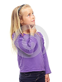 Thinking, mockup and girl with ideas, decision and wonder isolated against a white studio background. Young person