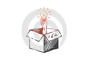 Thinking outside box concept sketch. Hand drawn isolated vector