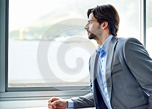 Thinking over corporate decisions. Cropped view of a businessman looking out his office window.