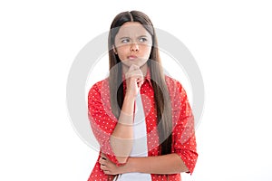 Thinking pensive clever teenager girl. Thoughtful teenage child girl on white  background. Portrait of a kid