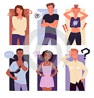 Thinking people confuse set, puzzled confused gestures of guy girl background collection