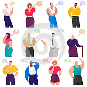 Thinking people set vector illustration set, person under question marks in bubble