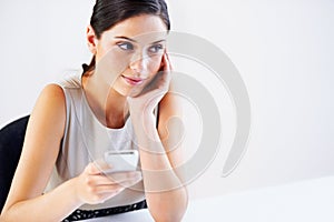 Thinking, phone and business woman in office with social media, text or web chat with mockup. Daydream, smartphone or