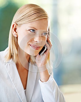 Thinking, phone call and business woman listening, speaking and talking to contact. Cellphone, communication and female