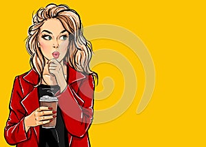 Thinking Pop Art woman with coffee cup. Advertising poster or party invitation with sexy girl with amazed face photo
