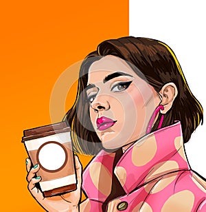 Thinking Pop Art woman with coffee cup. Advertising poster or party invitation with sexy girl with amazed face in comic style.