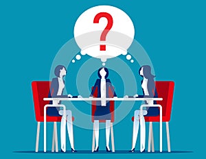 Thinking about problem with question mark above them. Business group brainstorming concept