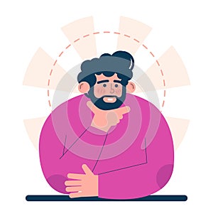 Thinking process. Character full of thoughts searching for an answer