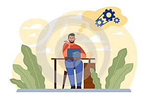 Thinking process. Character full of thoughts searching for an answer