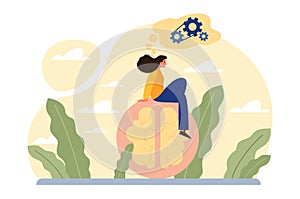 Thinking process. Character full of thoughts searching for an answer