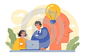 Thinking process. Character full of thoughts searching for an answer