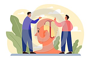 Thinking process. Character full of thoughts searching for an answer