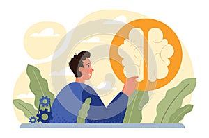 Thinking process. Character full of thoughts searching for an answer