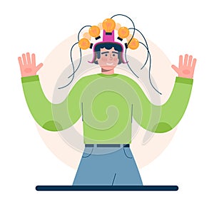 Thinking process. Character full of thoughts searching for an answer