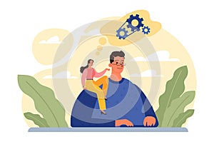 Thinking process. Character full of thoughts searching for an answer