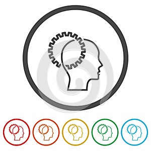 Thinking process icon. Head with gears line. Set icons in color circle buttons