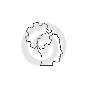 Thinking process icon. Head with gears line symbol isolated on white background