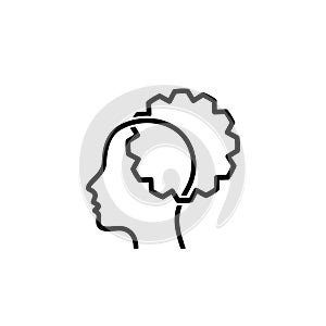 Thinking process icon. Head with gears line symbol isolated on white background