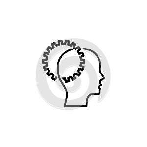 Thinking process icon. Head with gears line symbol isolated on white background