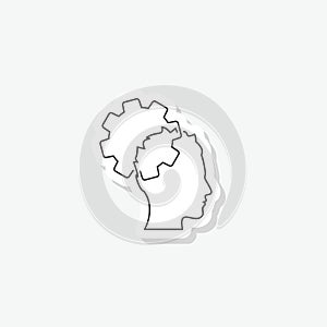 Thinking process icon. Head with gears line symbol sticker isolated on white background
