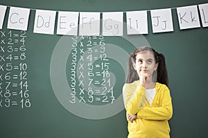 Thinking school child near blackboard