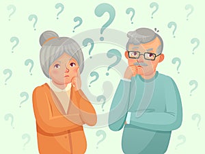 Thinking seniors couple. Confused elderly people. Grandfather, grandmother forget and trying remember cartoon vector