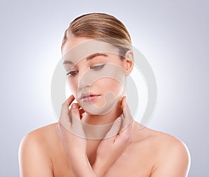 Thinking, skincare and woman with beauty, cosmetics and dermatology on white studio background. Person, girl and model
