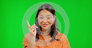 Thinking, smile and a woman on a green screen for planning, ideas and memory of knowledge. Think, young and an Asian