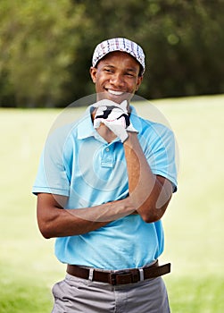 Thinking, sports and man golfer with smile for positive, good and confident attitude on field. Happy, fitness and