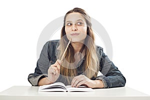 Thinking student girl on isolated background