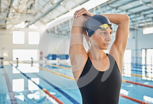 Thinking, swimming pool or woman stretching to get ready for sports race, exercise or fitness training. Healthy female